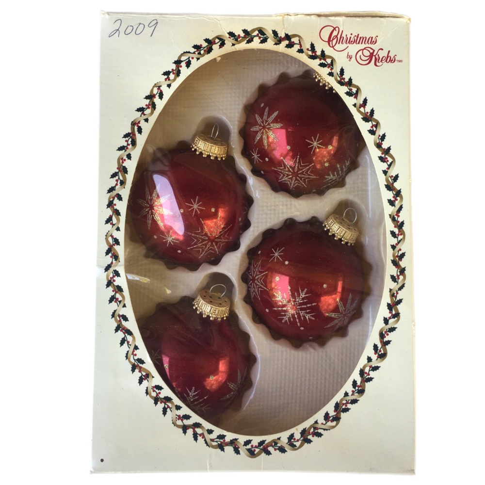 Krebs Vintage Glass Snowflake Ornaments Cranberry Red Christmas Crown Top Set 4